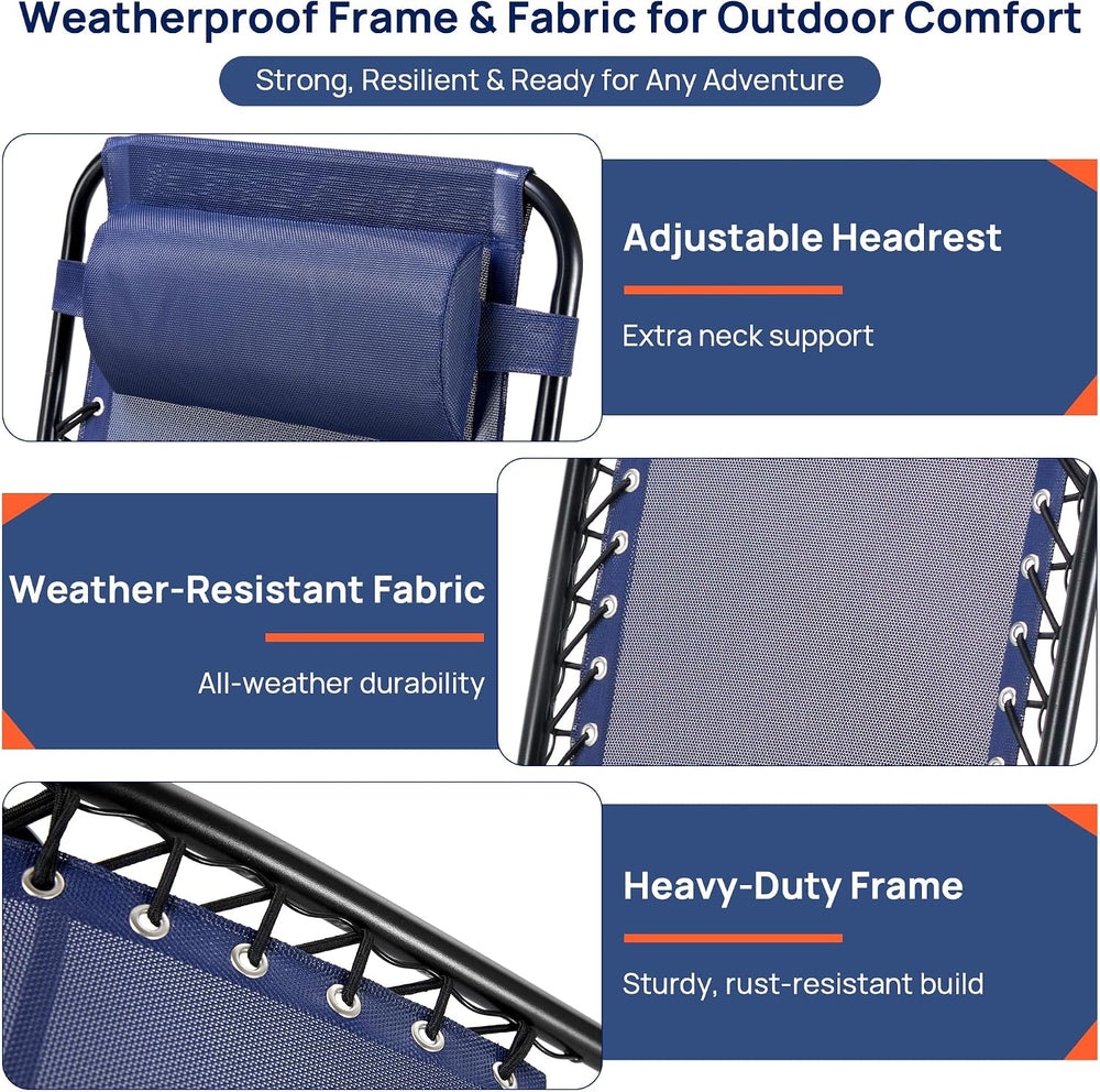 Chaise Lounge Chair Outdoor Set of 2, Oversized Zero Gravity Chair, Blue