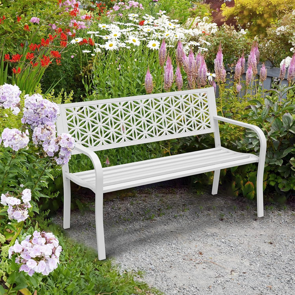 VINGLI 50" Outdoor Bench Metal with Floral Back, Garden Bench Front Porc...