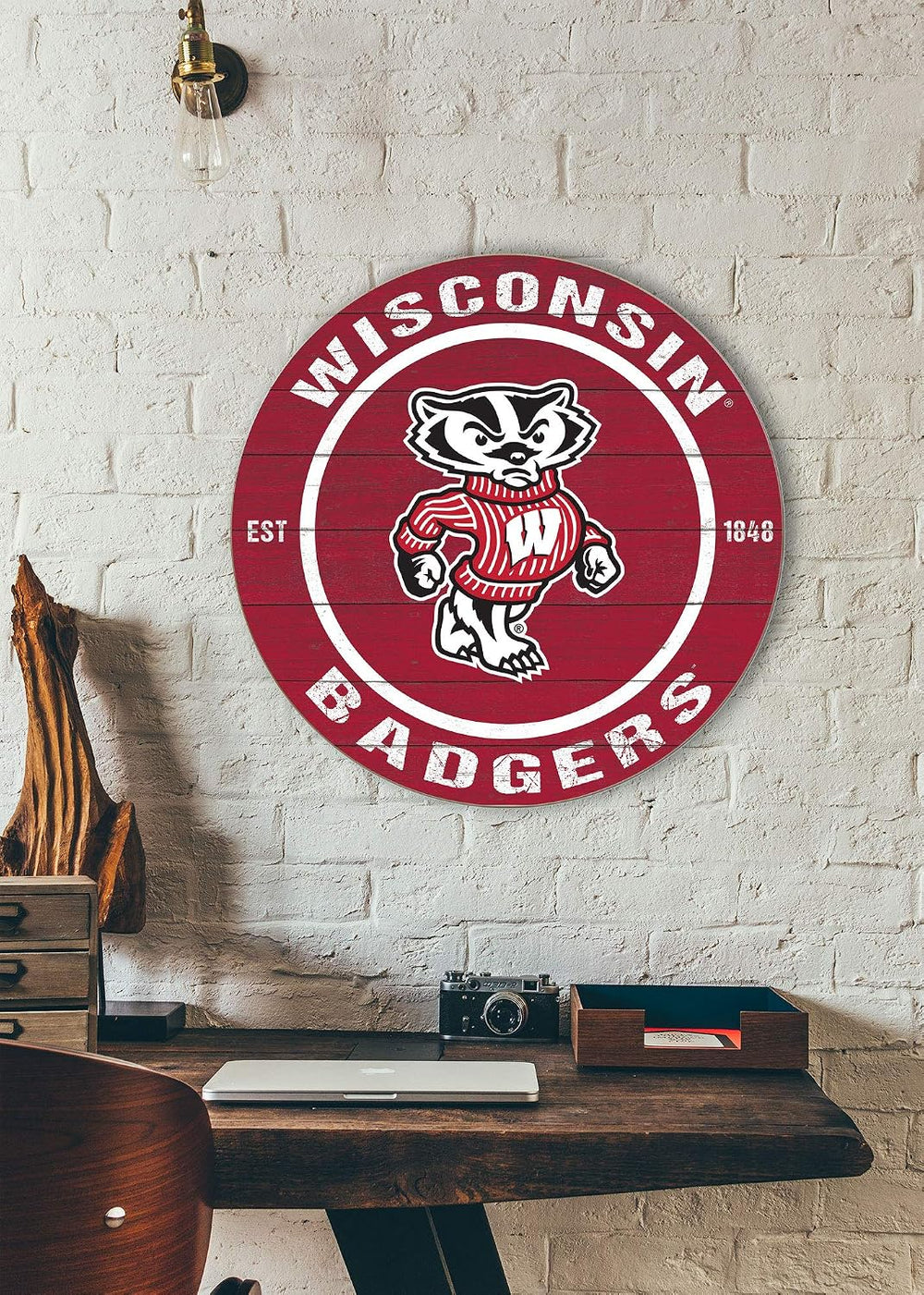 KH Sports Fan Wisconsin Badgers 20"x20" Weathered Circle Sign, Team...