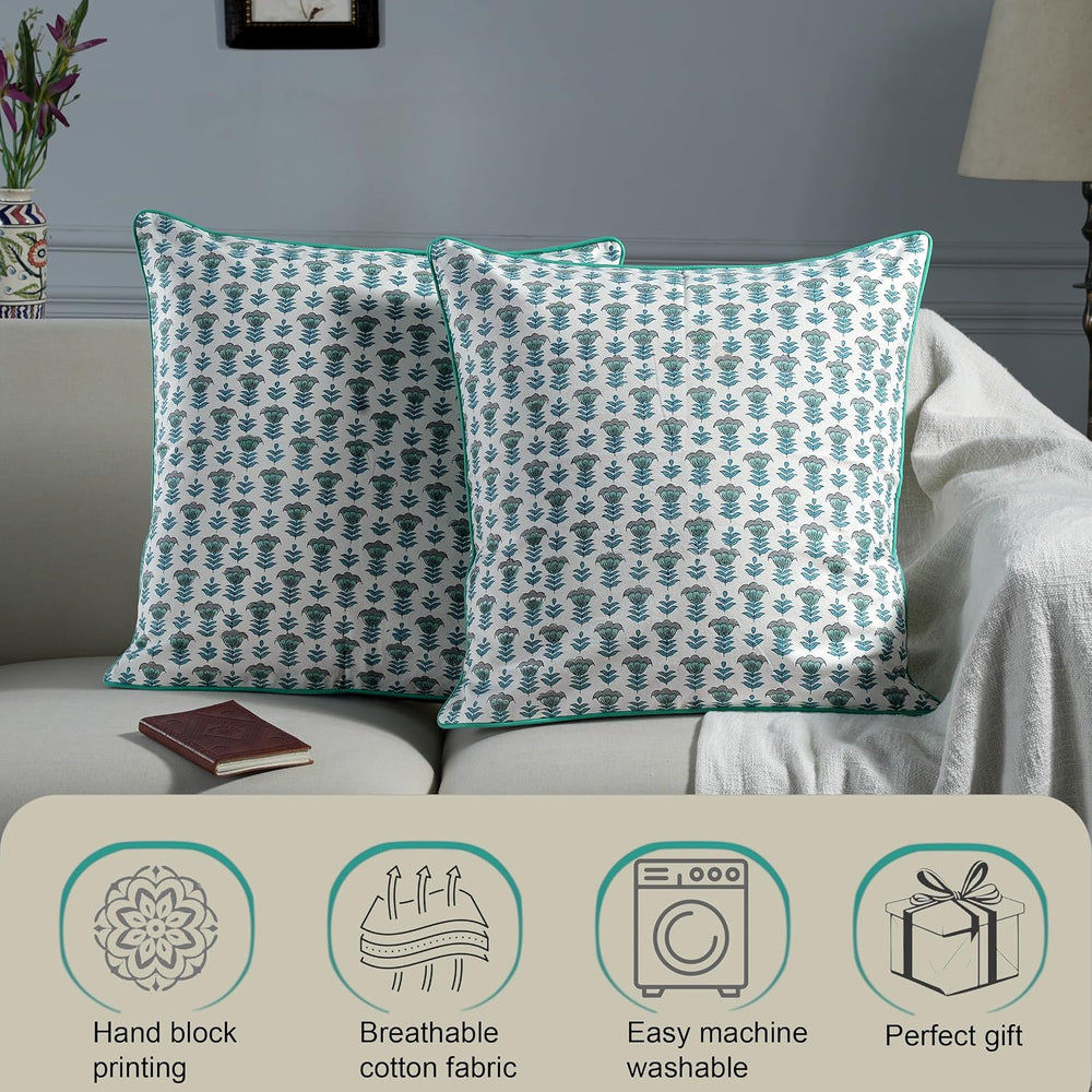 Ridhi Aquamarine Blue Block Print Cotton Pillow Cover 16x16 Inch Set of 2