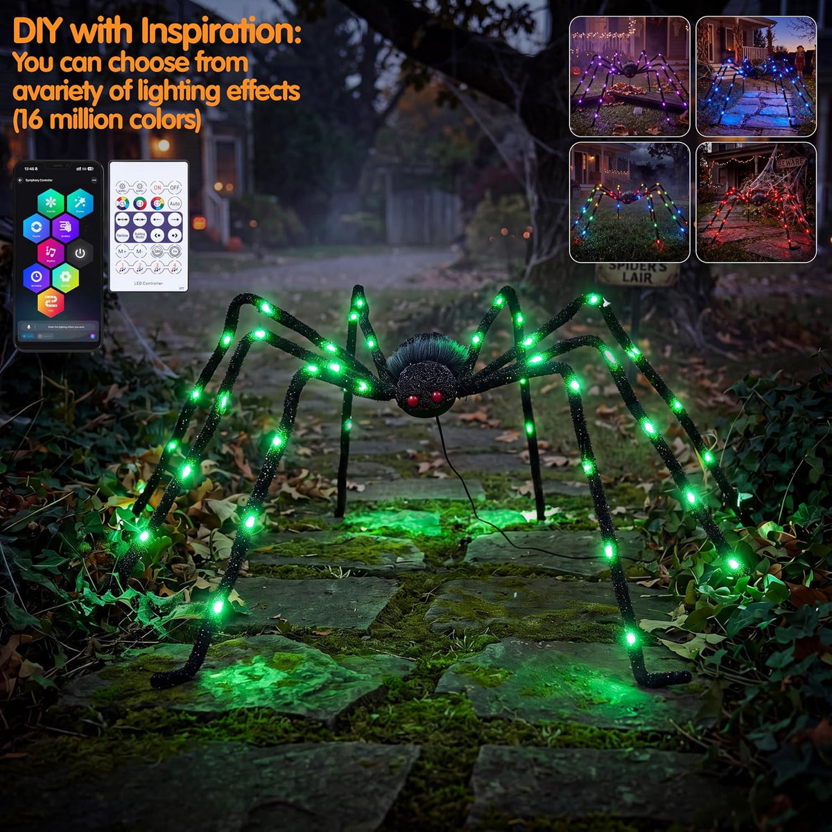 JOYIN Halloween Light Up Large Spider Outdoor Decorations, 5 Ft Giant Spider for Yard Lawn Outside Décor, Indoor Party Haunted House Prop, Multicolor RGB Colors Changing with App Control