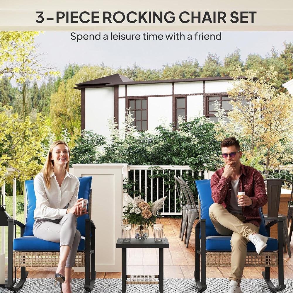 Outsunny 3 Pieces Rocking Wicker Outdoor Bistro Set Porch Chairs Dark Blue