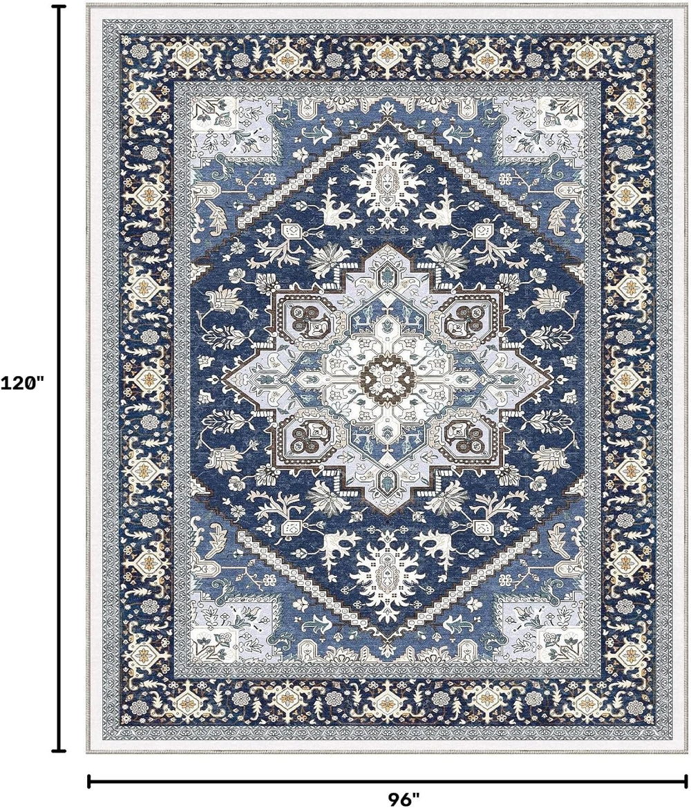 OPPODREAM Soft Area Rugs 8x10, Persian-Inspired Washable Rug, Blue & Gold