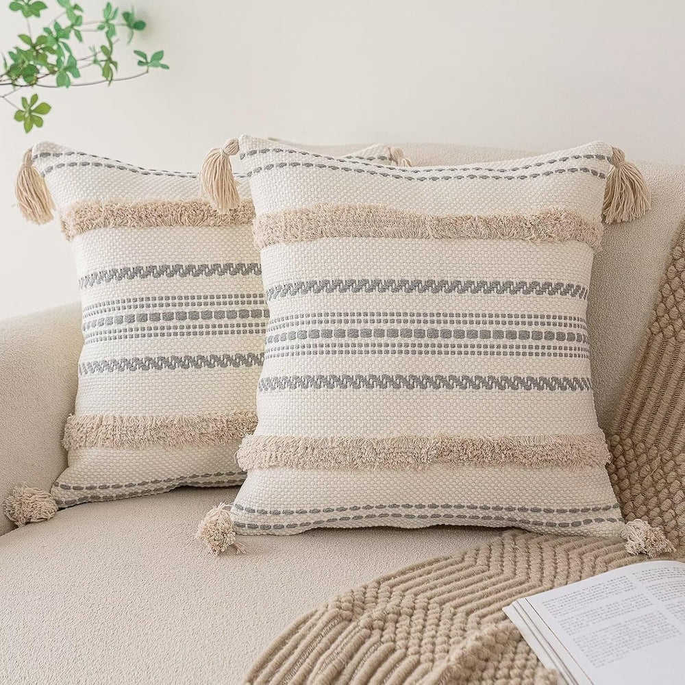 BUIOVBEY Boho Throw Pillow Covers Woven Tufted Pillow Cases with Tassels