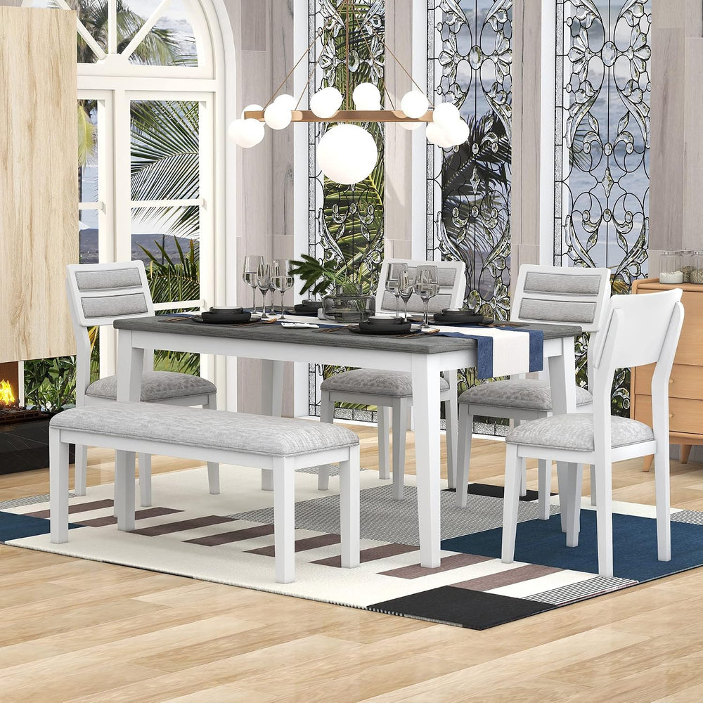 Classic Dining Table Set with Upholstered Chairs and Bench for 4-6, White
