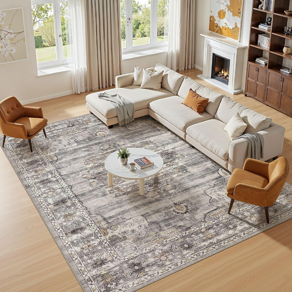 Vintage Washable 5x7 Area Rug, Non-Slip Indoor Carpet, Grey