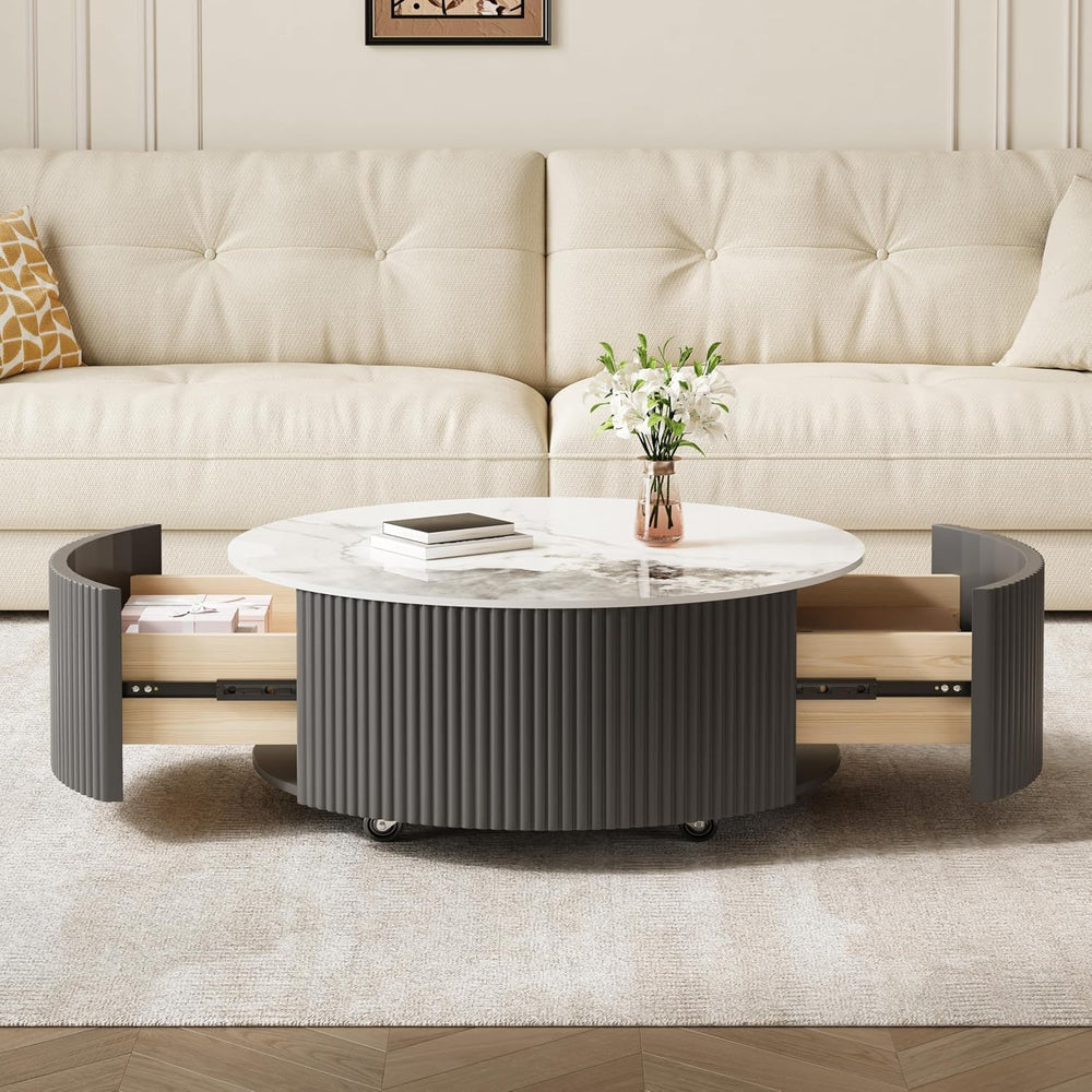 Round Coffee Table with Storage, Modern Movable Coffee Table with Marble Patt...