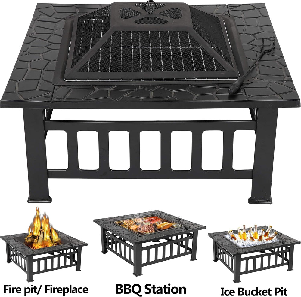HomGarden 32" Fire Pit Outdoor Patio Square Metal Heater Deck Firepit Ba...