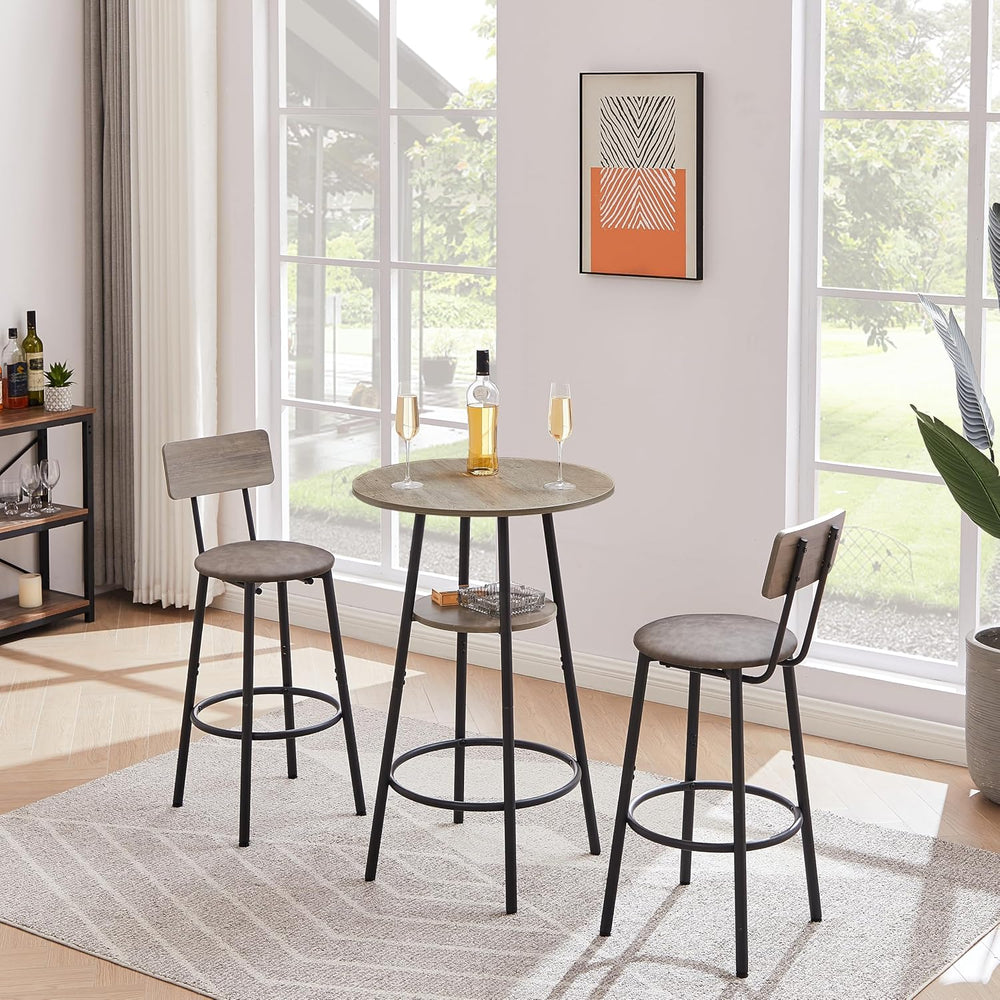 3 Piece Round Bar Table Set with Storage Shelf, Bistro Pub Counter Height Tab...