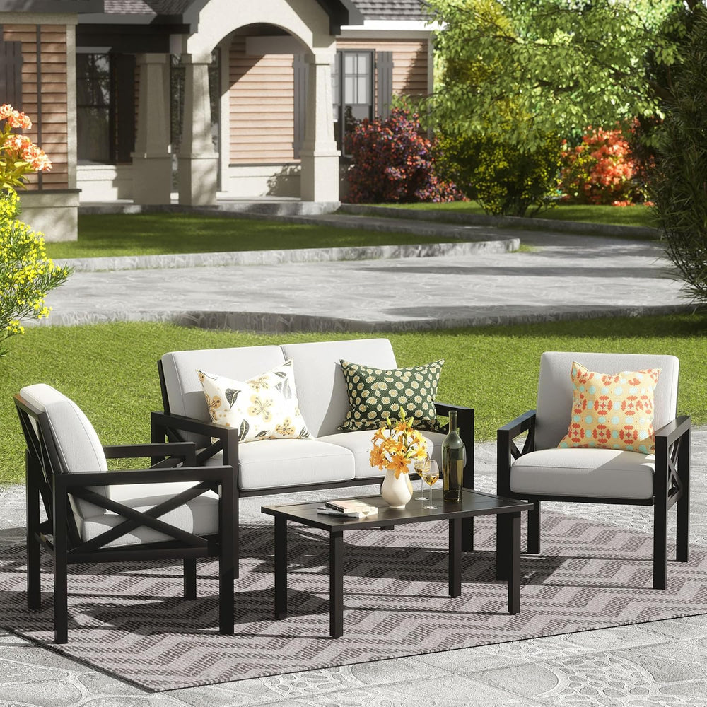 4 Piece Patio Furniture Set Metal Patio Conversation Set, 5.5"Cushion Grey
