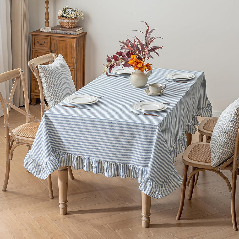 Striped Cotton Blend Tablecloth 60" × 120" Ruffled Table Cloth Wash...
