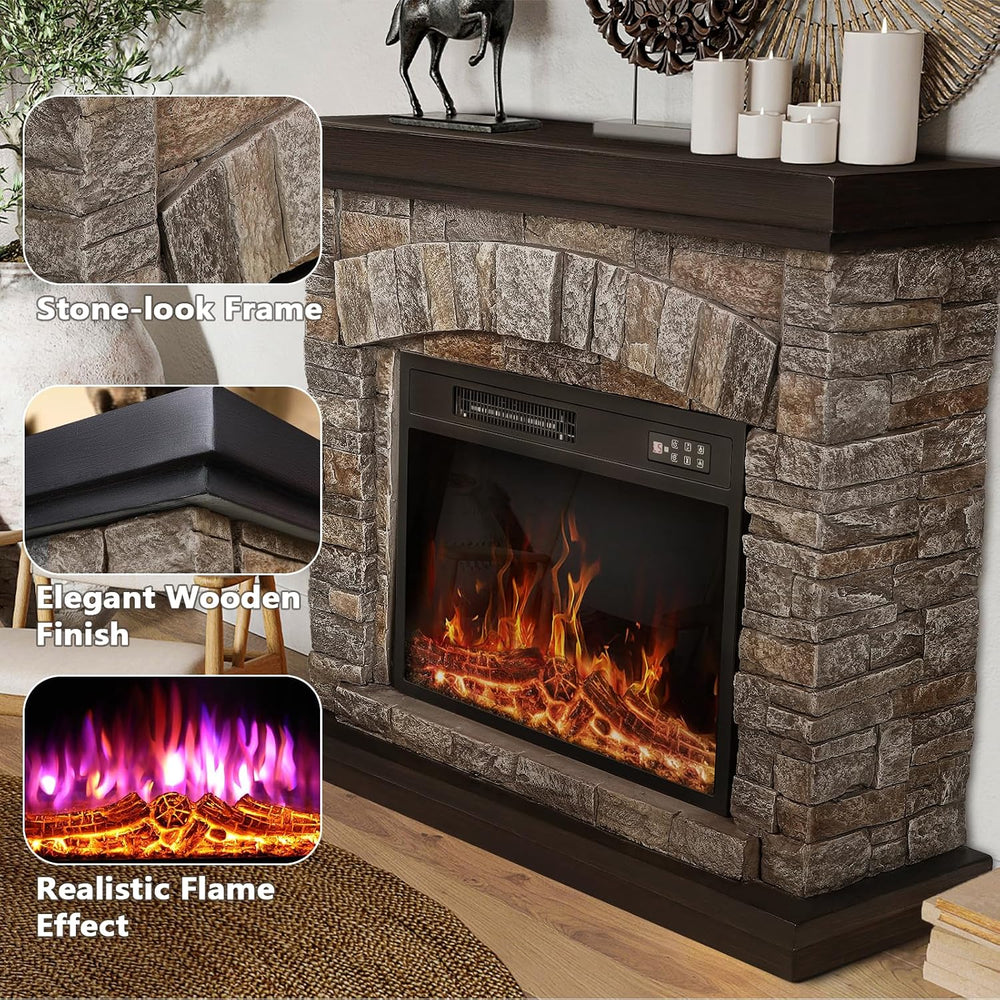 PUKAMI Electric Fireplace with Mantel, Realistic Stone Finish Freestanding He...