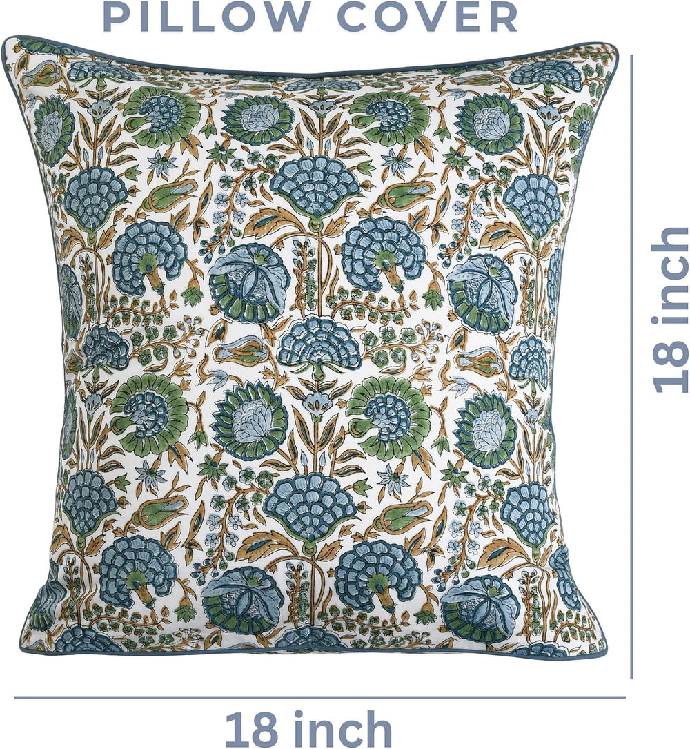 Ridhi Block Print Asparagus Green Pillow Cover 18" x 18" (Pack of 2...