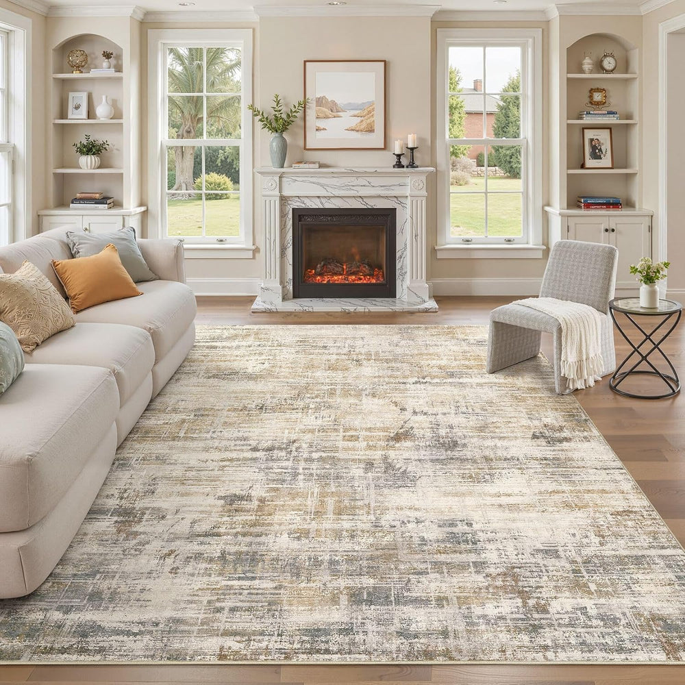 UERMEI 10x12 Area Rug for Living Room Washable Abstract Golden Brown Carpet