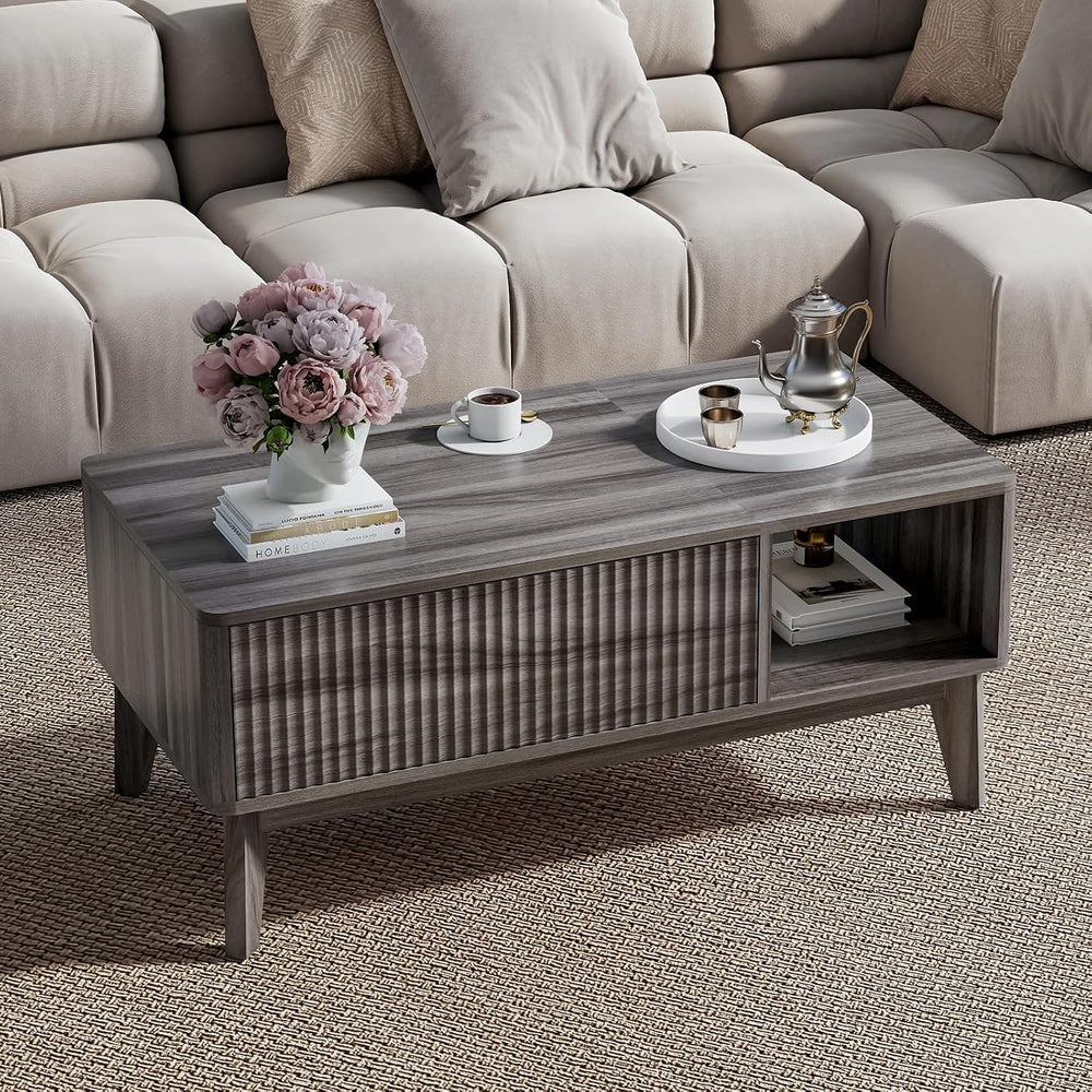 LYNCOHOME Fluted Lift Top Coffee Table with Storage,Modern Center Table for L...