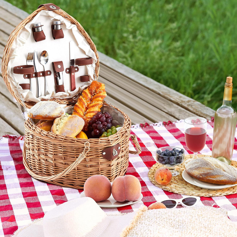 Willinglong Heart Picnic Basket with 2 Person Tableware Set Wicker Picnic Bas...