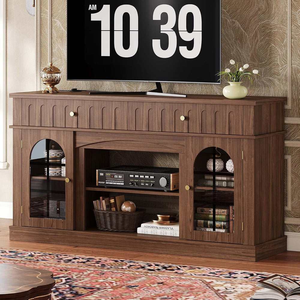 IRONCK TV Stand for 65 Inch TV with Charging Station, Walnut Brown