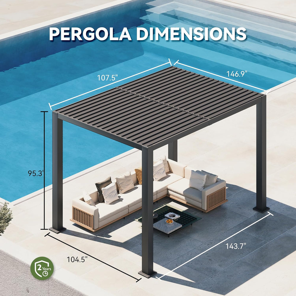 Aoxun Louvered Pergola Motorized 9' x 12' with LED Lights,Black Grey