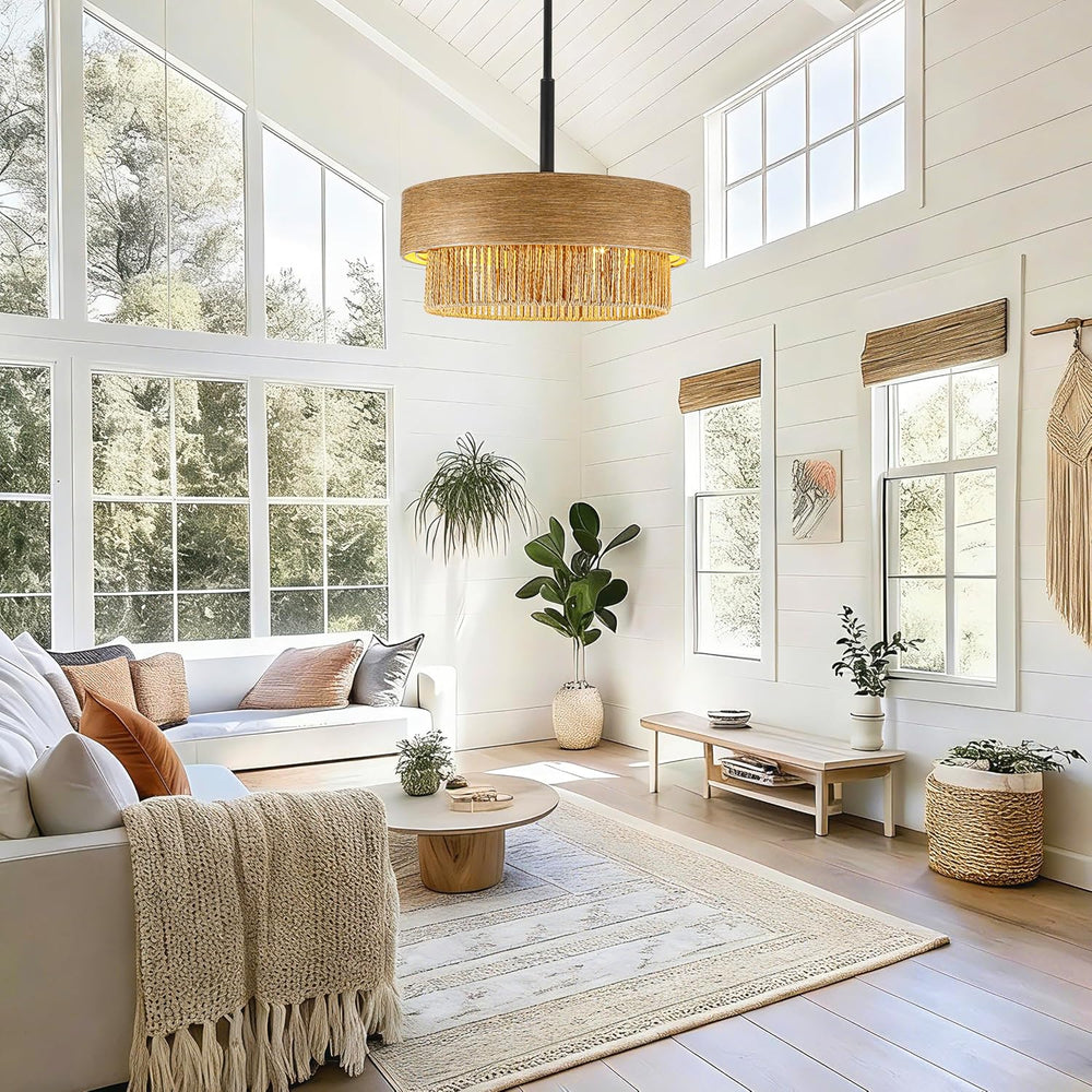 19.6" Large Wood Texture Drum Chandelier for Dining Room with Woven Rattan