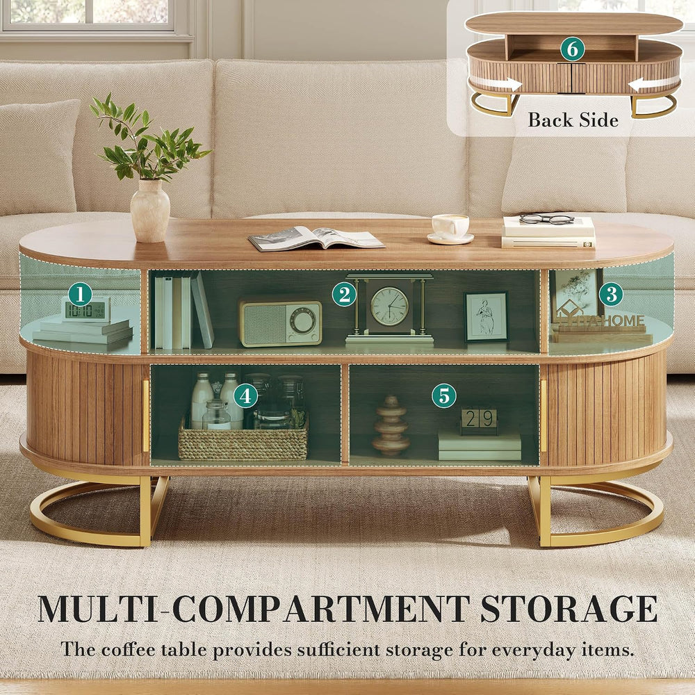 YITAHOME 47.2" Oval Coffee Table with Sliding Doors, Storage, Natural Oak