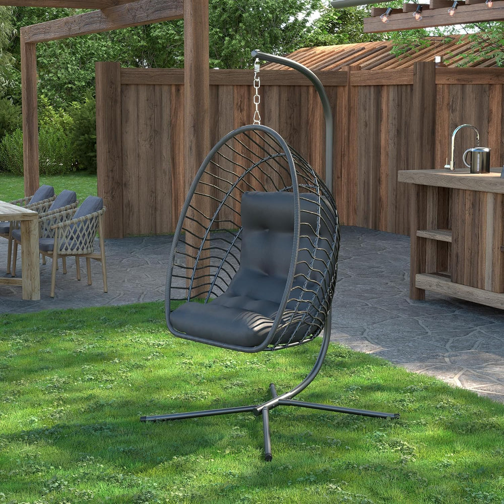 Kingdura Hanging Egg Chair with Stand Indoor Outdoor, Foldable Rattan Wicker ...