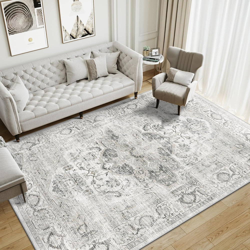 Washable 8x10 Area Rugs, Non Slip Living Room Rug Ivory/Gray