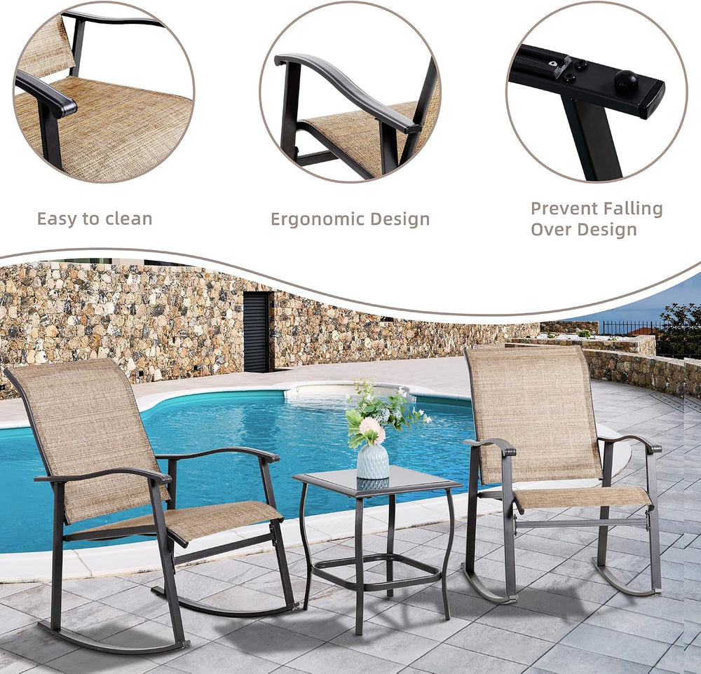 Vongrasig 3 Piece Outdoor Rocking Bistro Set, Textilene Fabric Small Patio Fu...