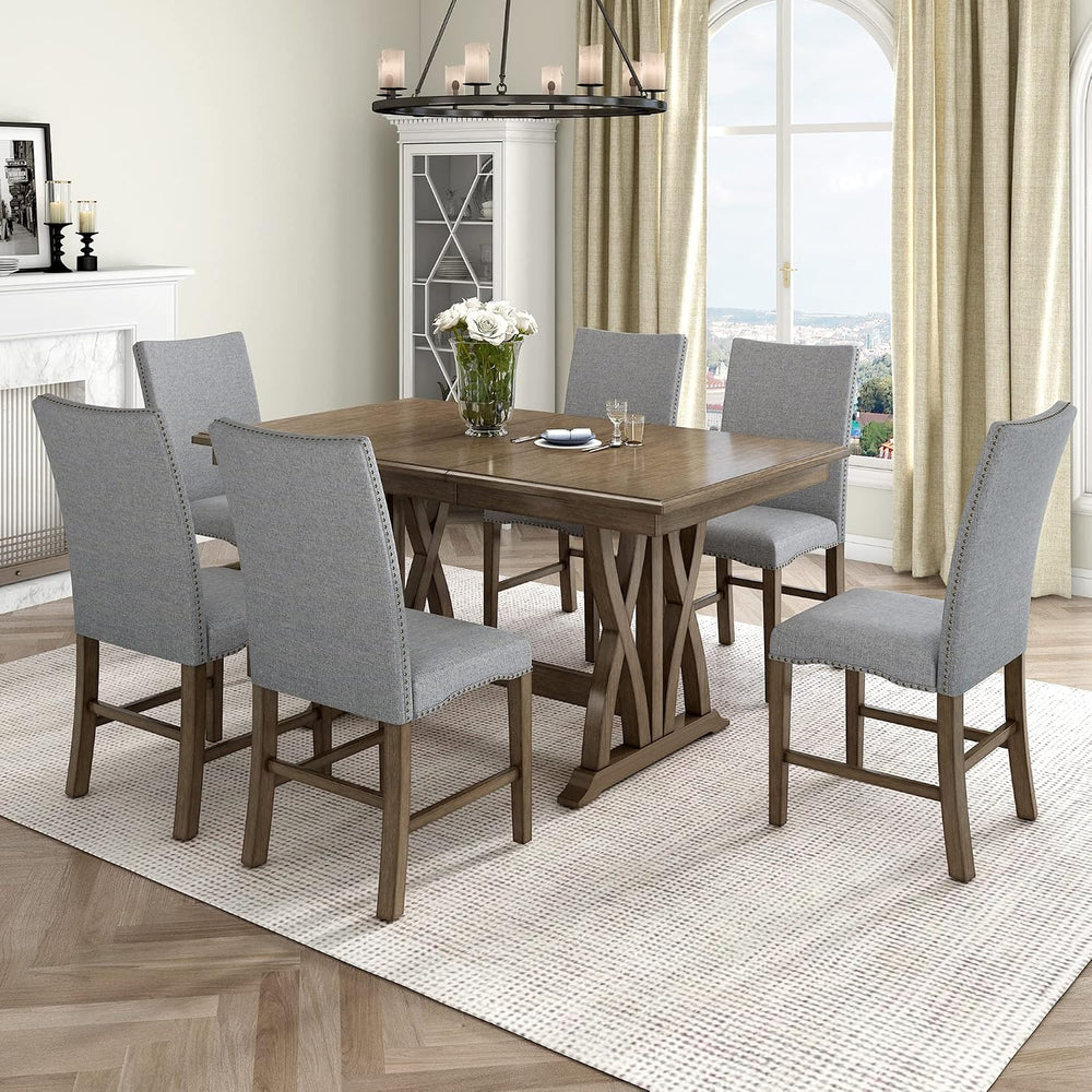 Mid-Century Extendable Dining Table Set for 6, Solid Wood 7-Piece Dining Tabl...