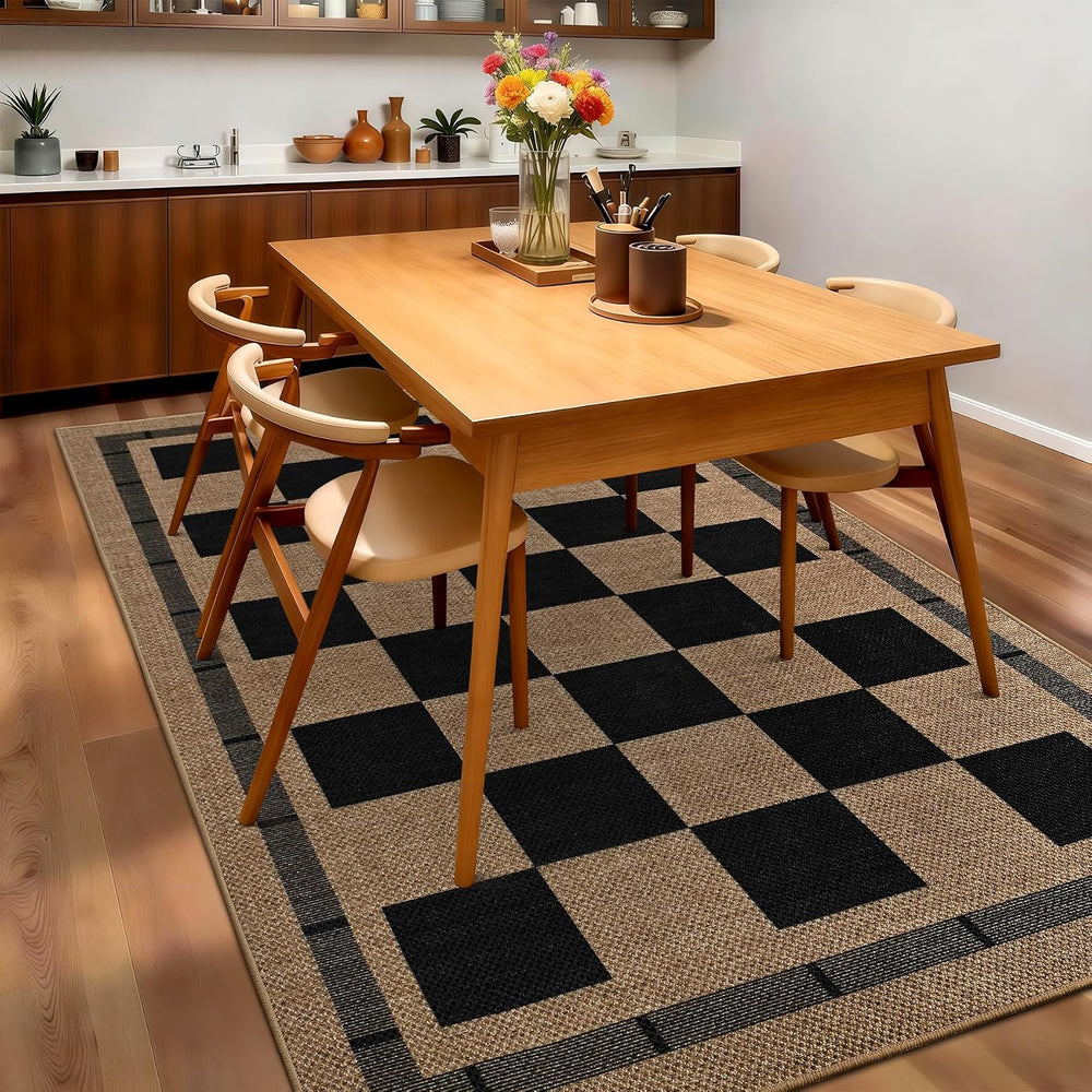 5x7 Checkered Jute Outdoor Rugs, Washable Rug for Living Room Bedroom Patio