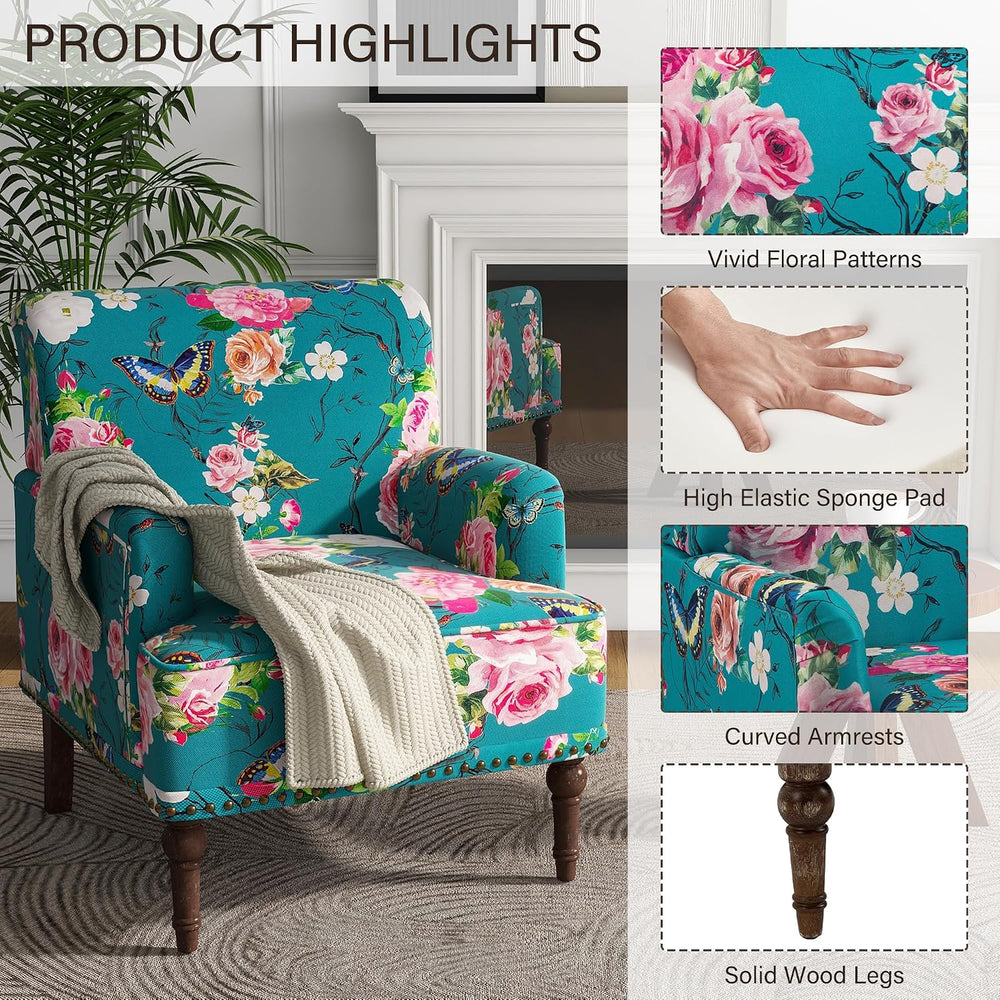 Floral Accent Chairs Set of 2, Fabric Upholstered Armchair