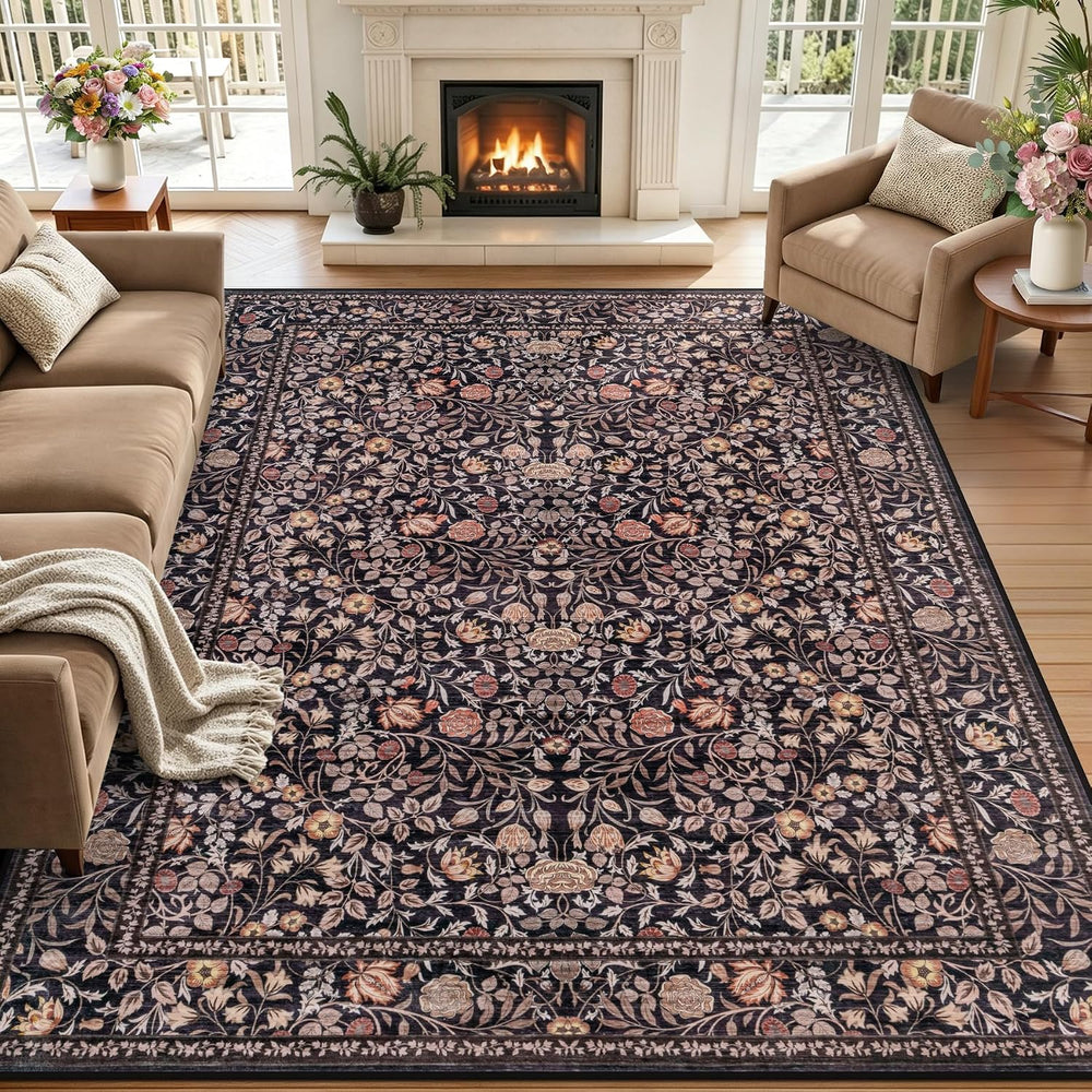 5x7 Area Rug Living Room: Soft Floral Washable Boho Carpet Brown