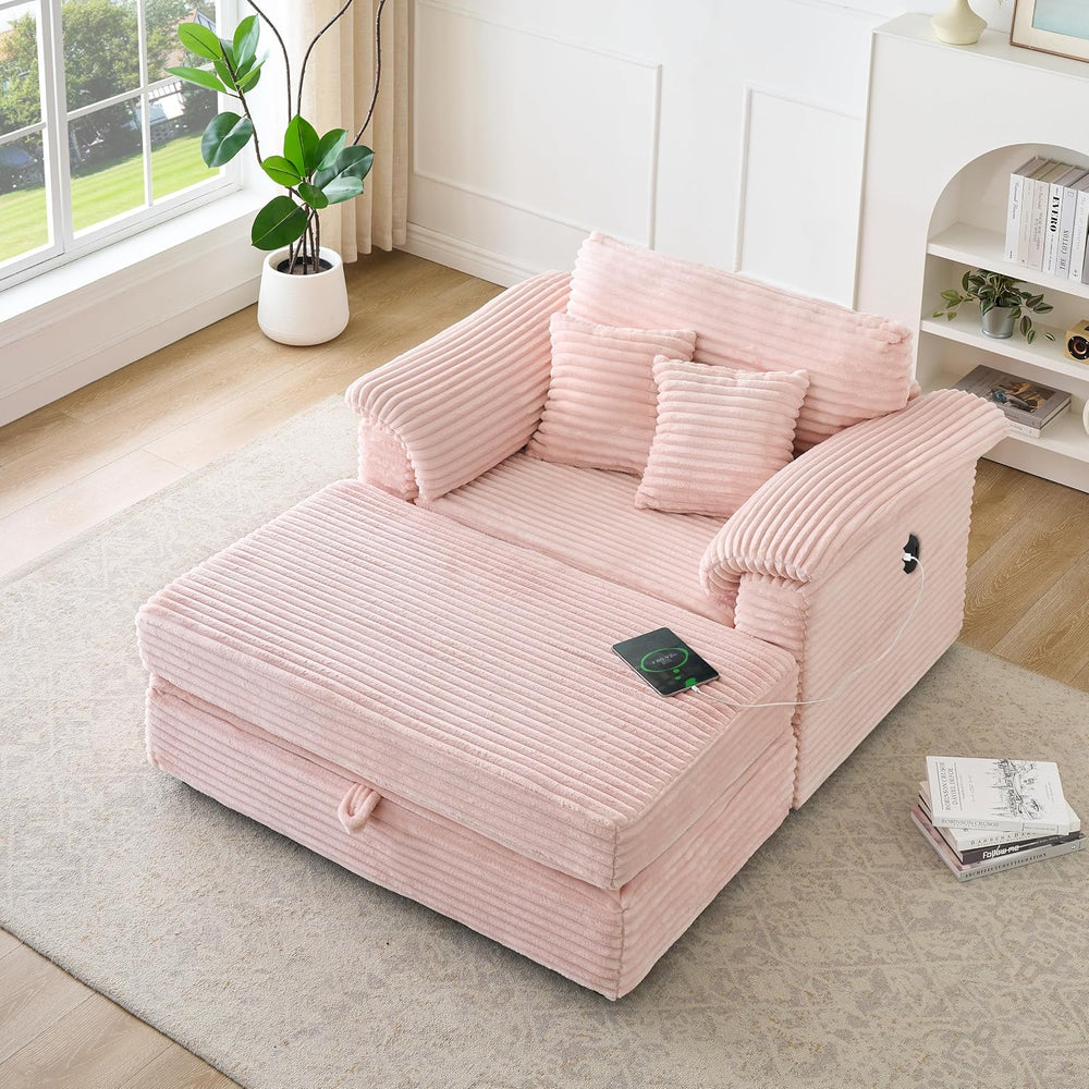Deolme Oversized Chaise Lounge Chair with Storage Ottoman & USB Ports, Fl...