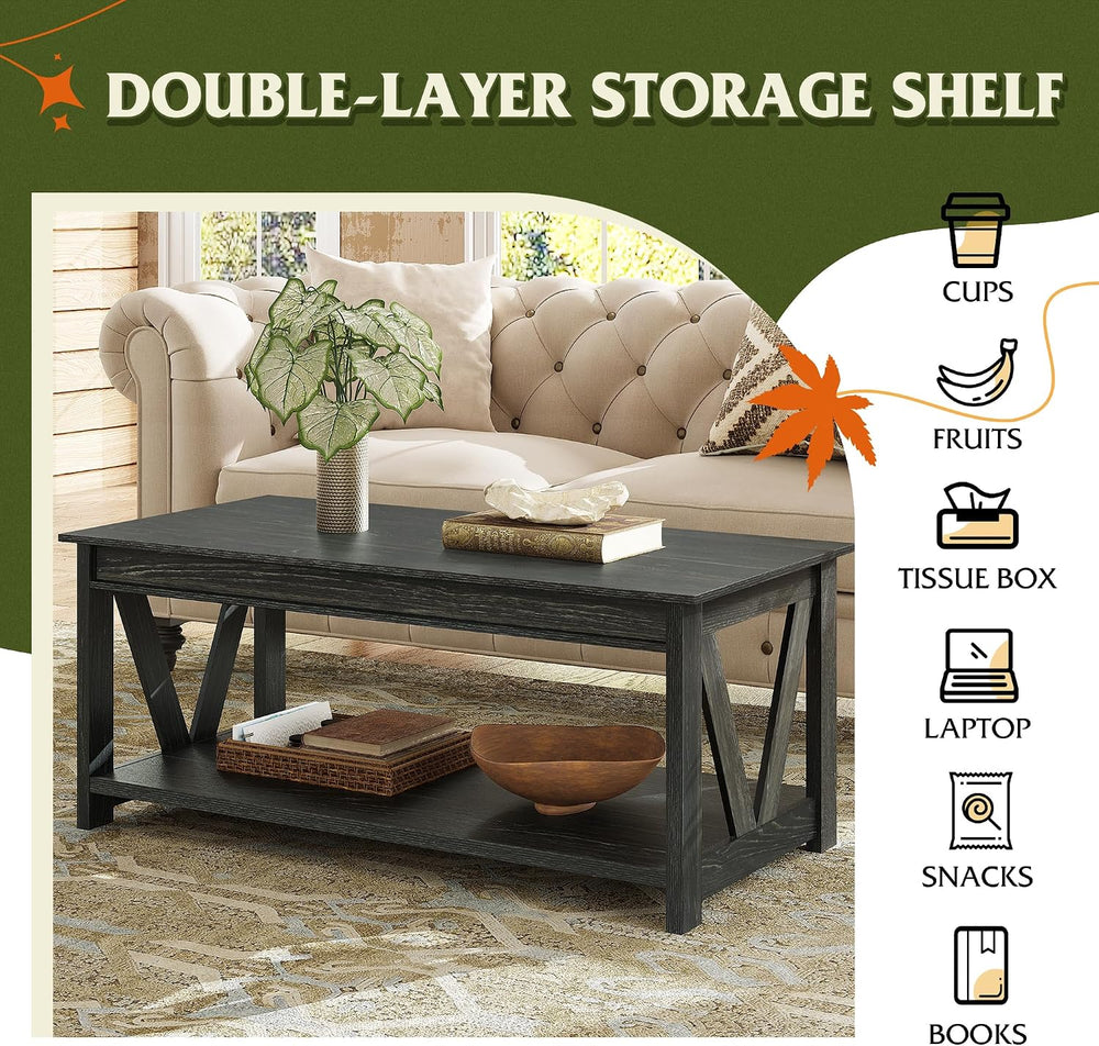 WLIVE Coffee Table, 43.3 Inch Farmhouse Table with Storage Shelf, Black