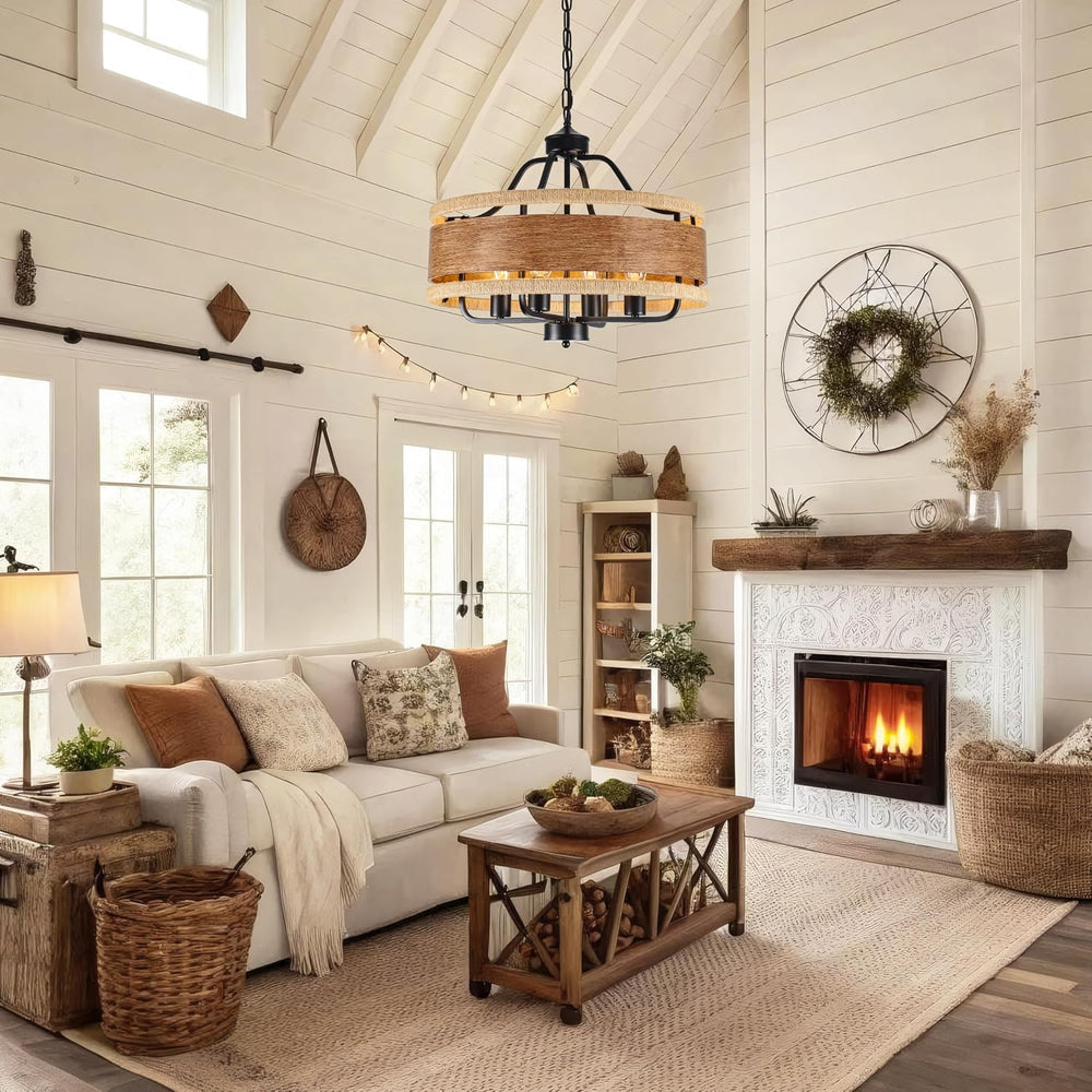4-Light Farmhouse Chandelier 20" Wood Texture Woven Rattan Chandeliers
