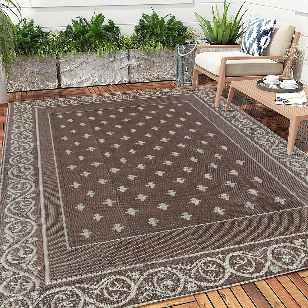 Pauwer Waterproof Outdoor Rug 9x12, Plastic Patio Rug, Bordered Brown
