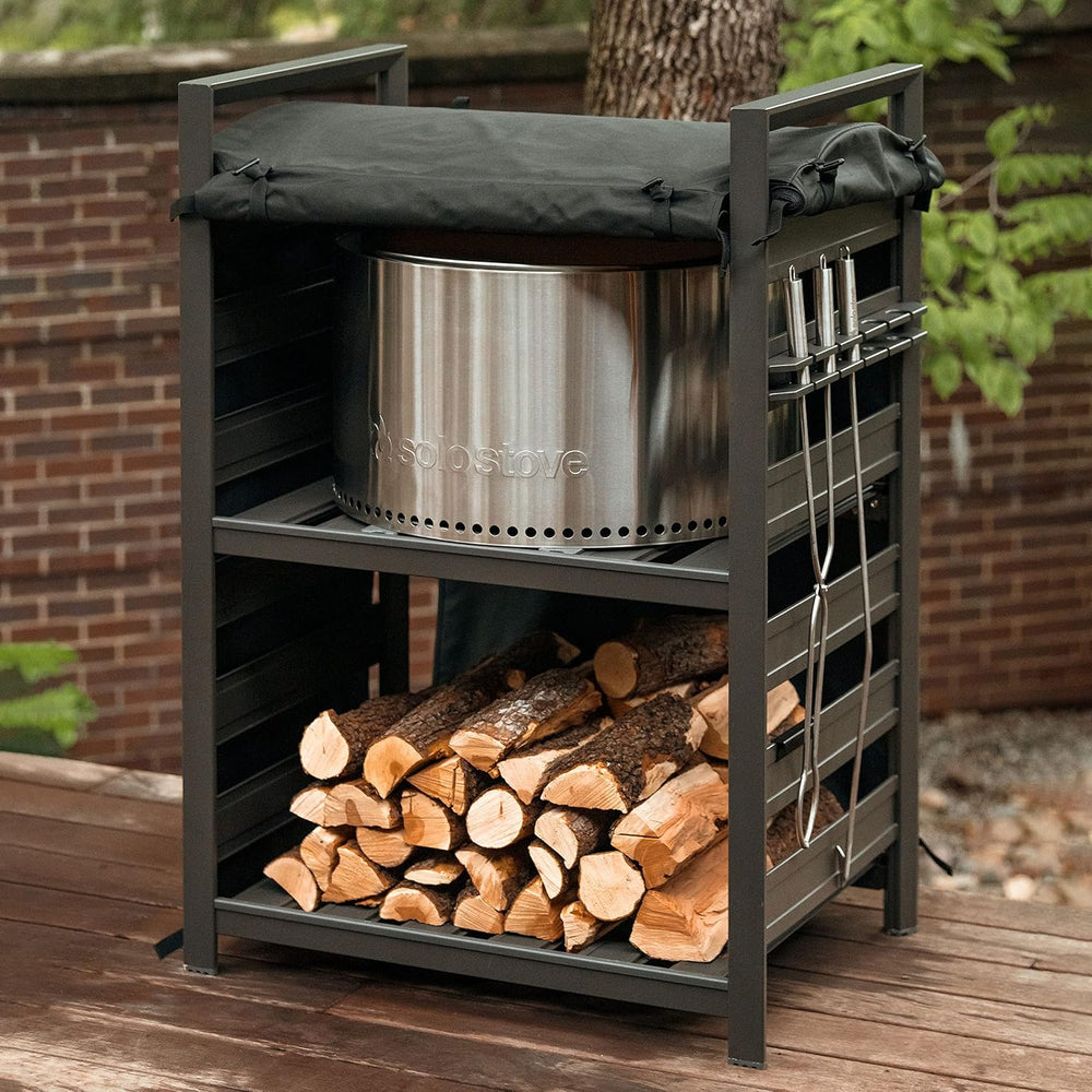 Solo Stove Station – 4.4ft Black Aluminum Firewood Rack with UV-Coated Cover,...
