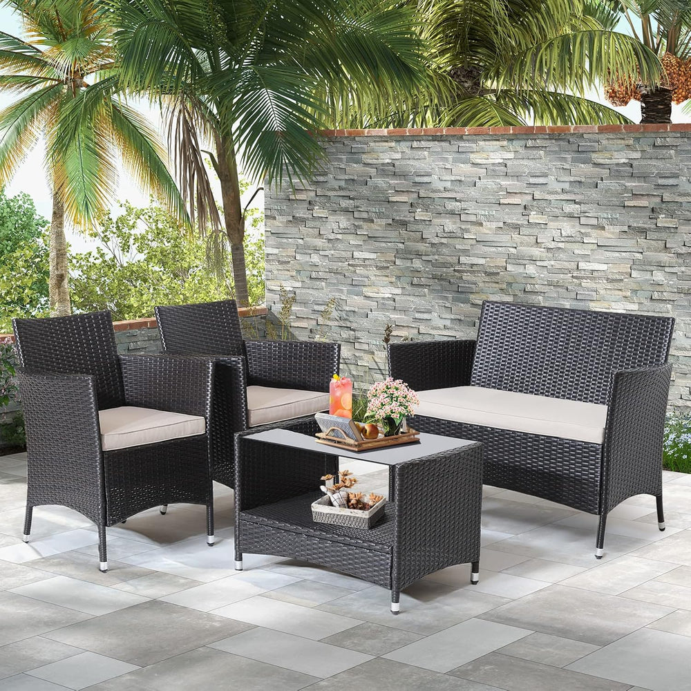 Tangkula 4 Pieces Patio Furniture Set, Patiojoy Outdoor PE Wicker Conversatio...