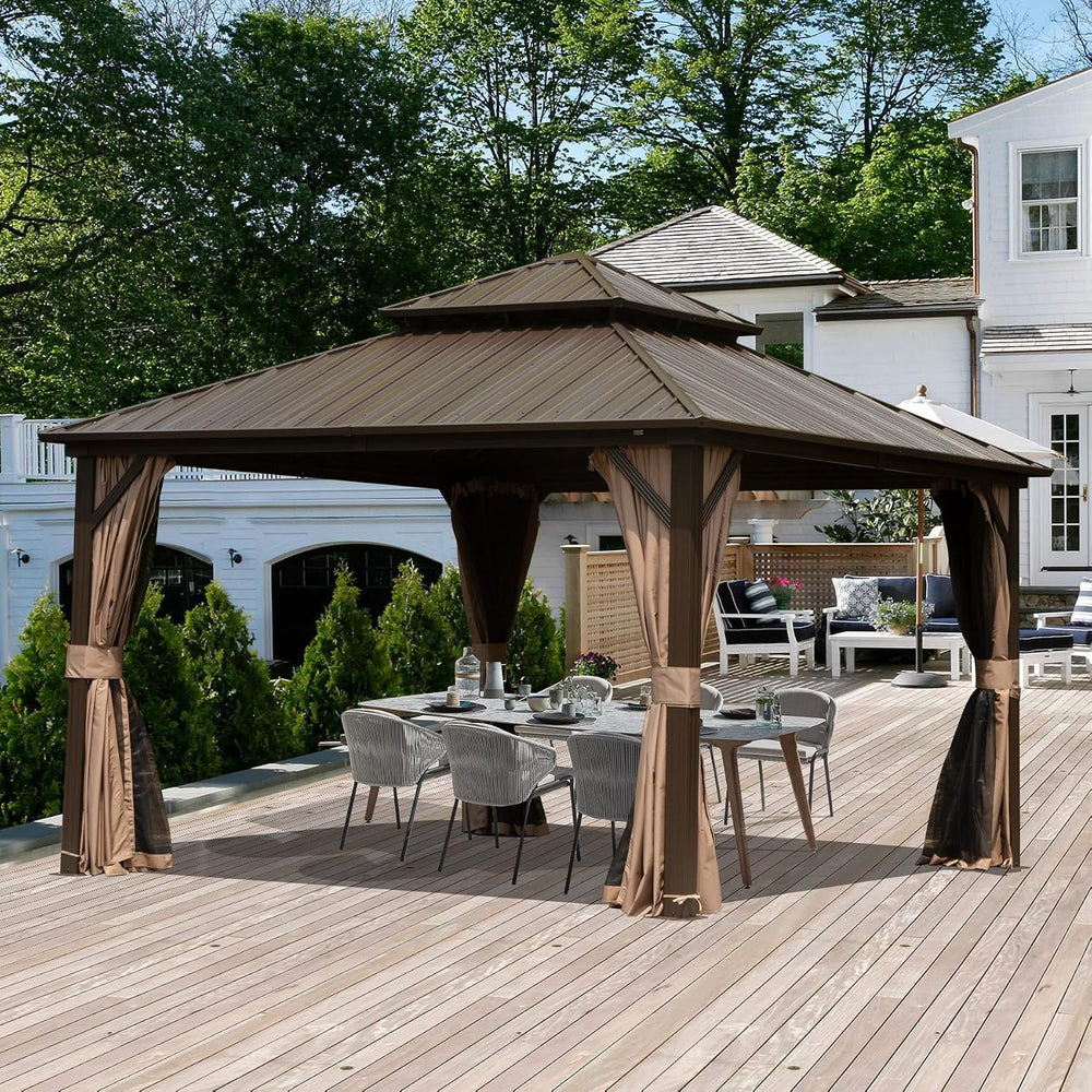 Domi 12x12 Outdoor Hardtop Gazebo, Metal Gazebo for Patios, Brown