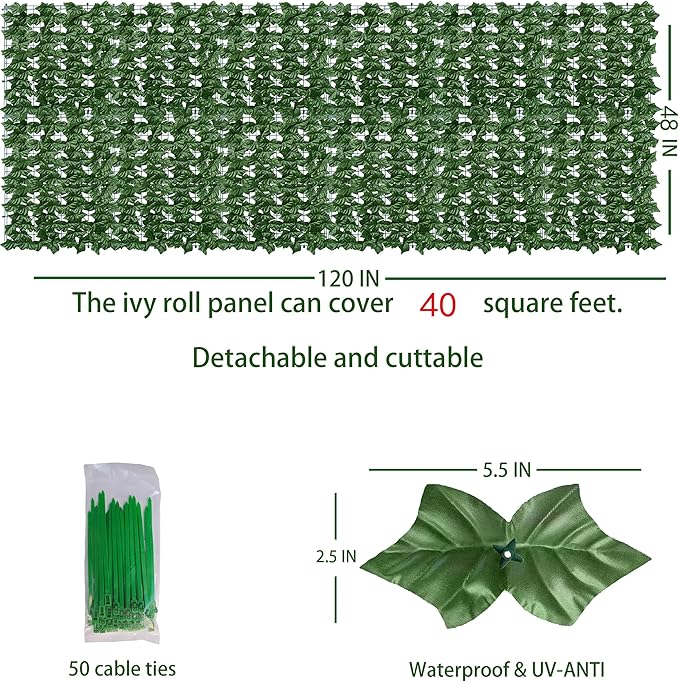 Artificial Ivy Privacy Fence Wall Screen, 48x120 in UV-Anti Faux Greenery Bac...
