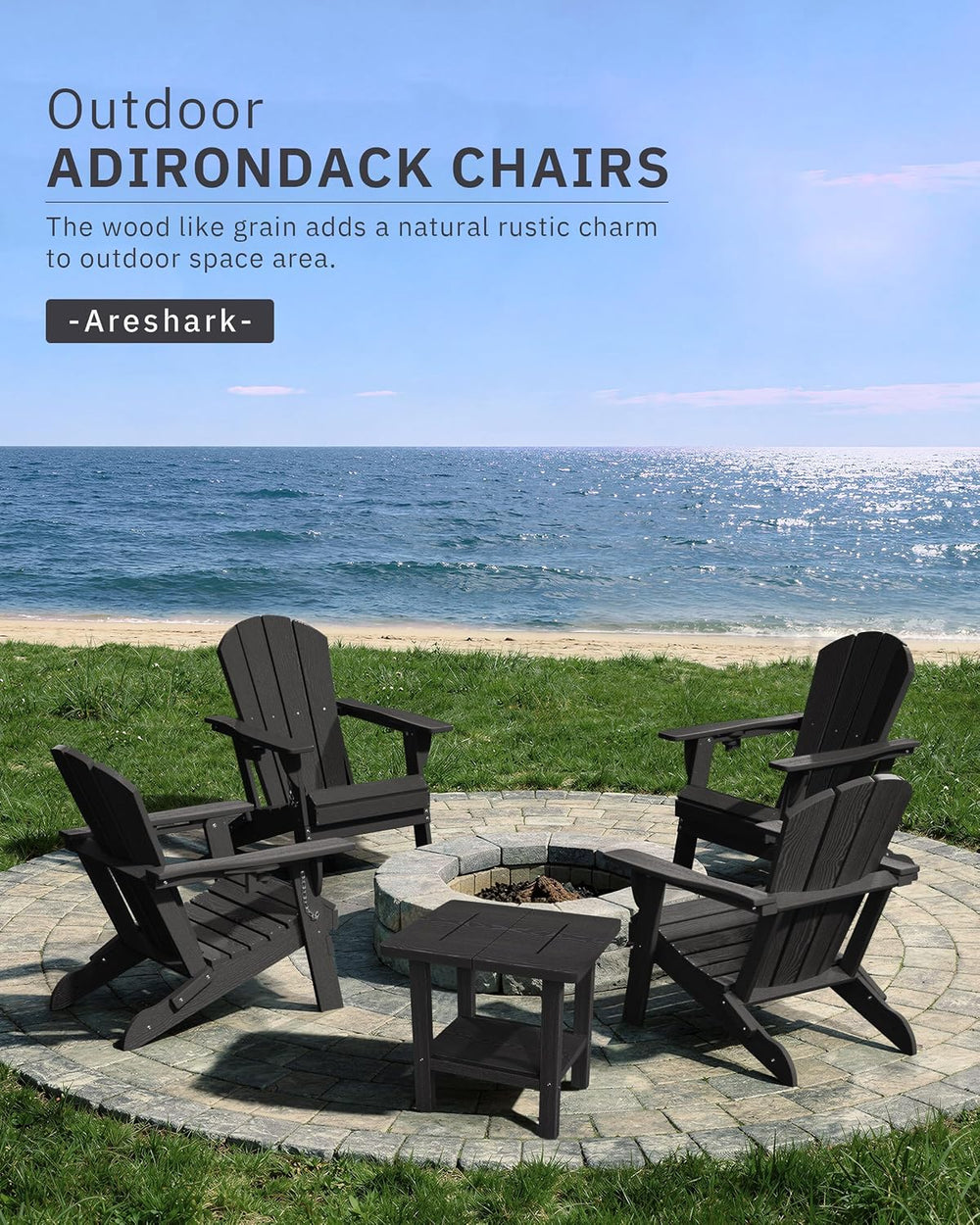 AreShark HDPE Folding Adirondack Chair with Cup Holder, Set of 2, Gray