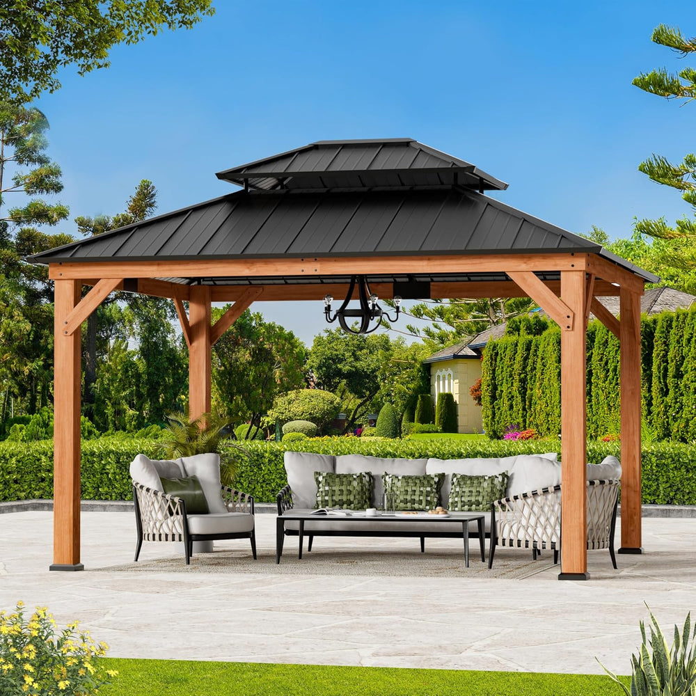 Modern Shade Permanent Wood Gazebo 10x12 with Double Galvanized Steel Roof