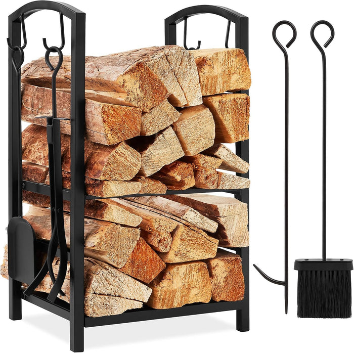 Best Choice Products 5-Piece Indoor Outdoor Wrought Iron Firewood Log Storage Rack Holder Firepit Tools Set for Fireplace, Fire Pit, Stove w/Hook, Broom, Shovel, Tongs - Black