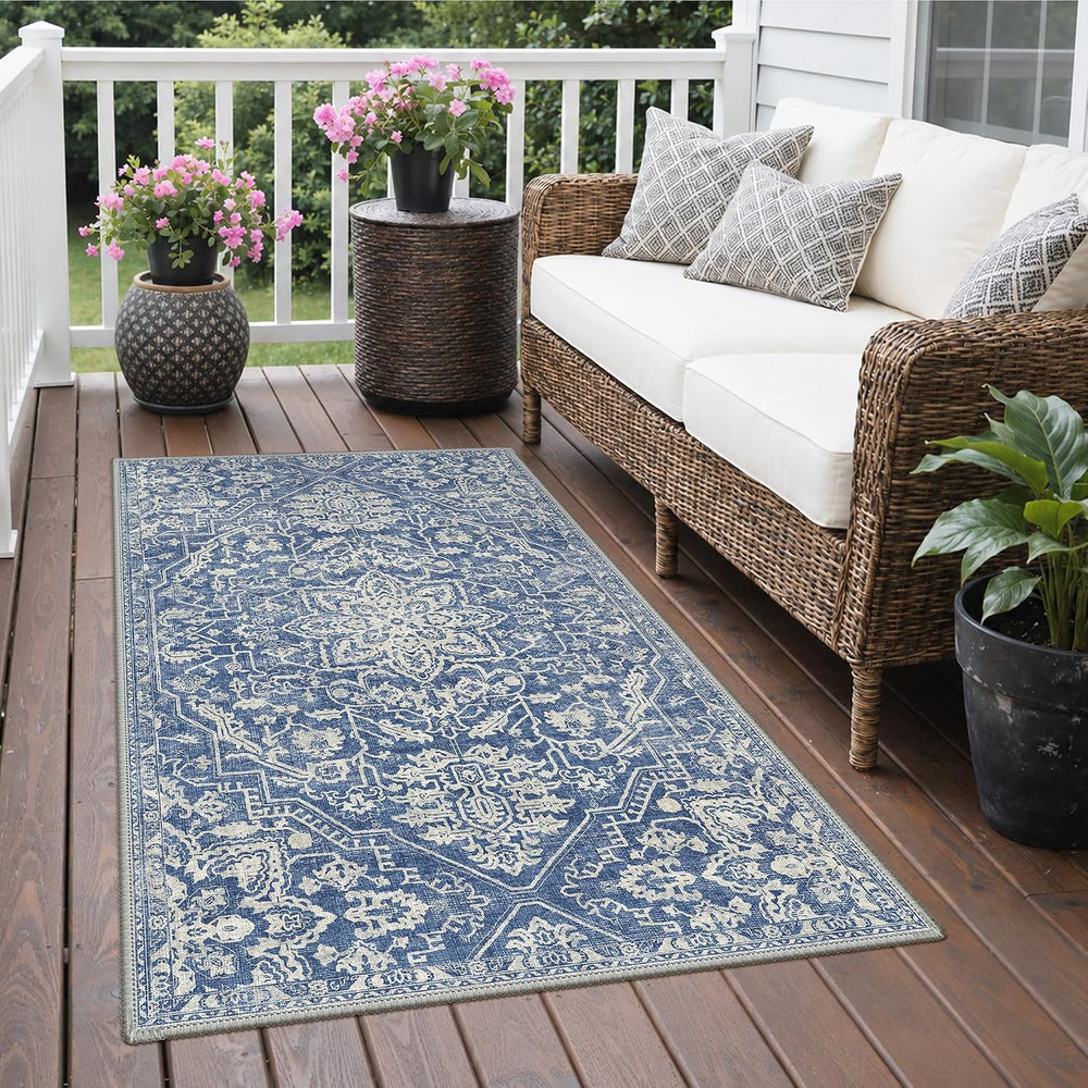 GENIMO 4x6 Outdoor Rug, Washable for Porch and Patio, Navy Blue & Ivory