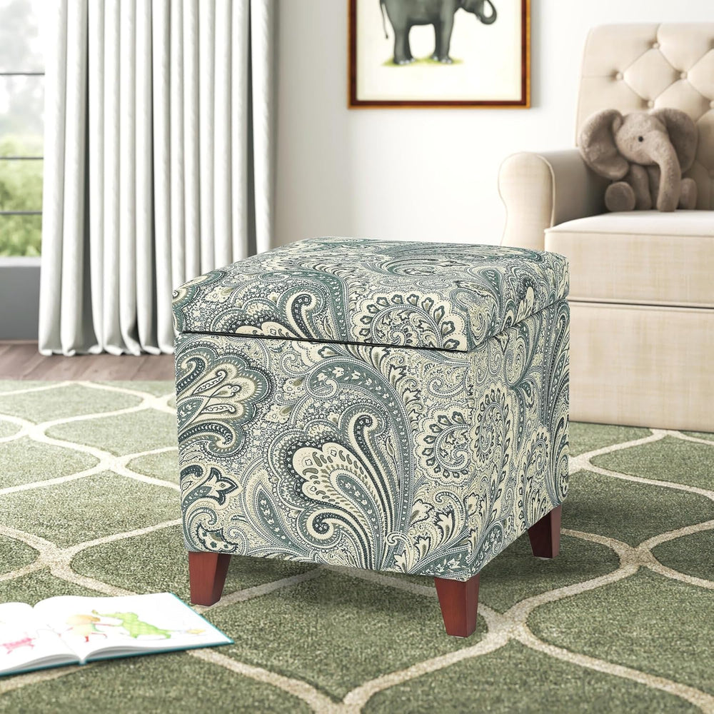 Adeco 18" Cube Storage Ottoman in Blue Paisley, Upholstered Linen Foot S...