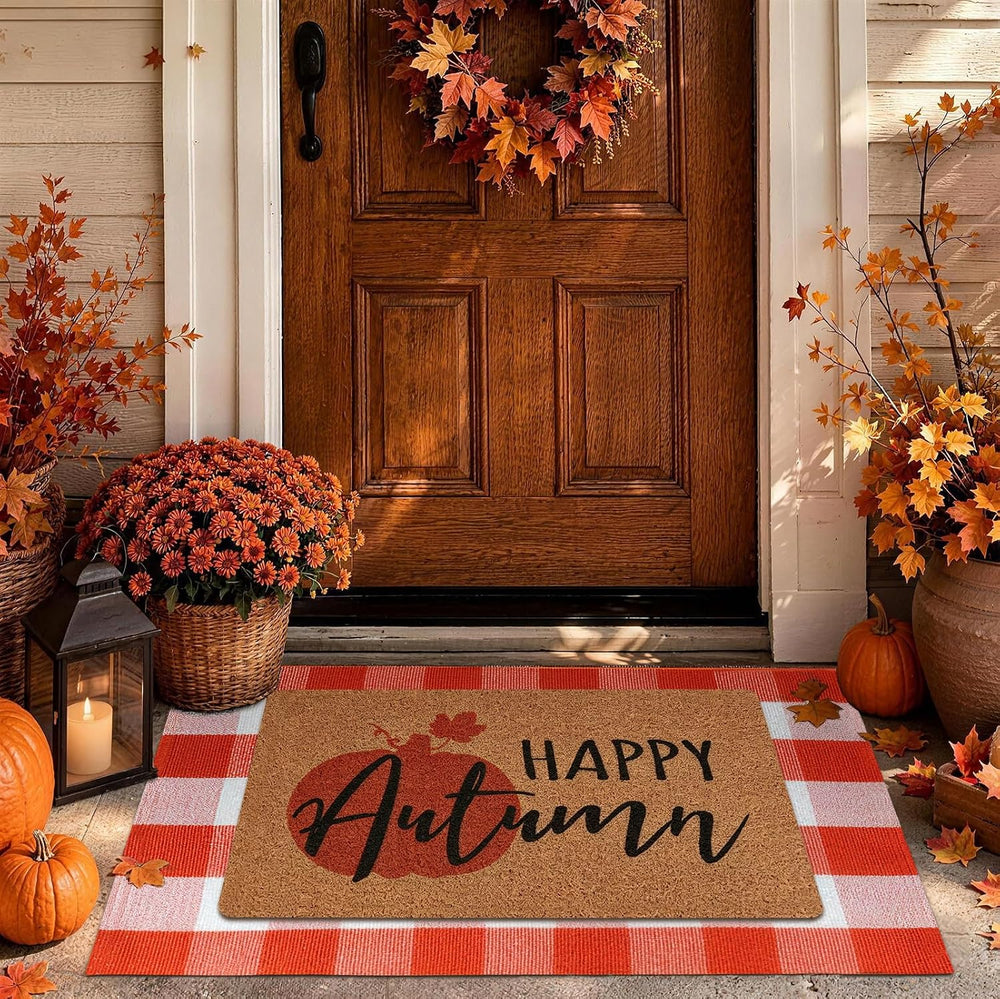 2-Piece Fall Front Door Mat Set, Layered Coir & Orange White Plaid Mats