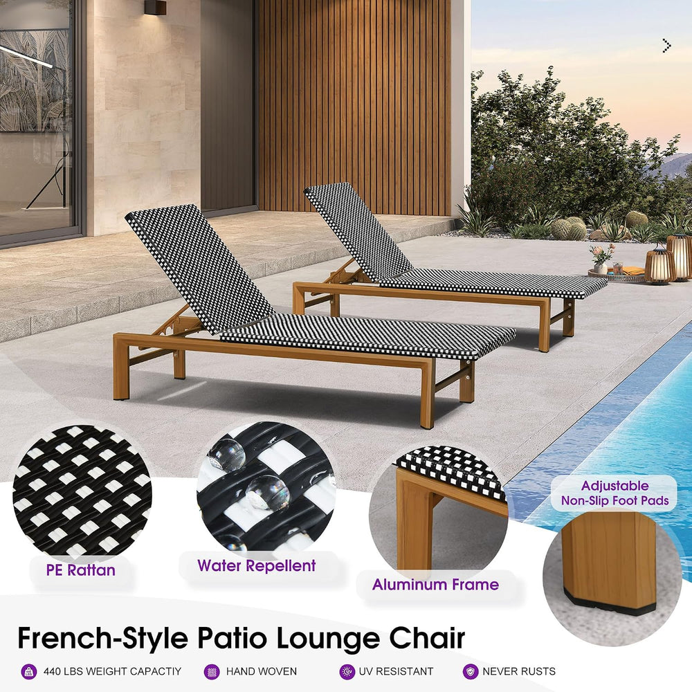 PURPLE LEAF Outdoor Chaise Lounge Extra Wide French Rattan Set of 2, Black