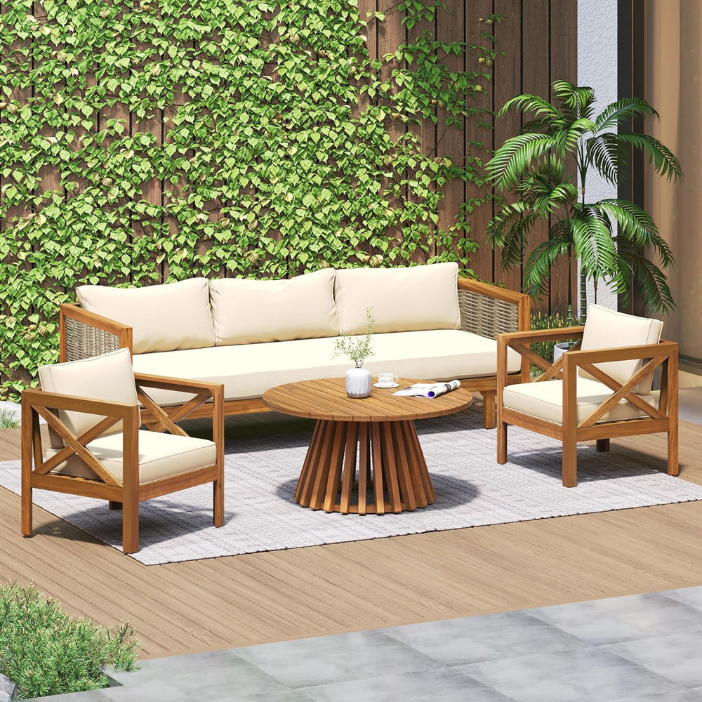 Merax Outdoor 4-Piece Acacia Wood Conversation Set - Patio 3-Seat Loveseat So...