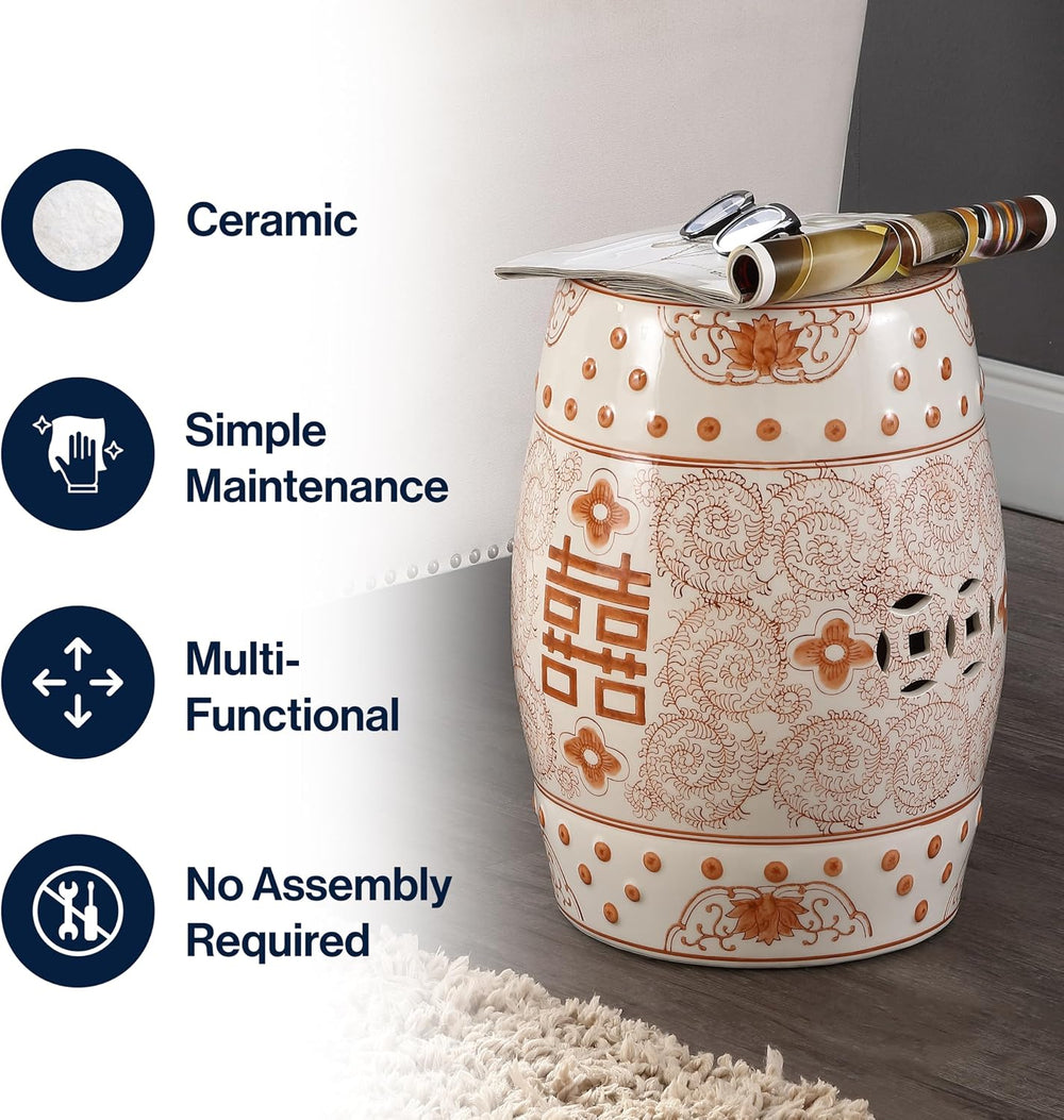 JONATHAN Y Double Happiness Ceramic Garden Stool 18" Table, Orange/White