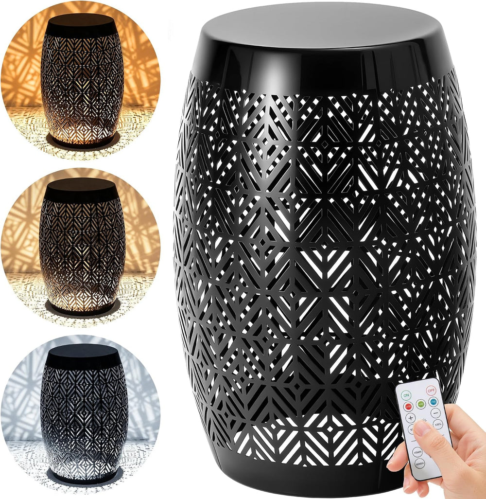 18" Metal LED Outdoor Side Table, 3-Mode Lights, Modern Drum Design