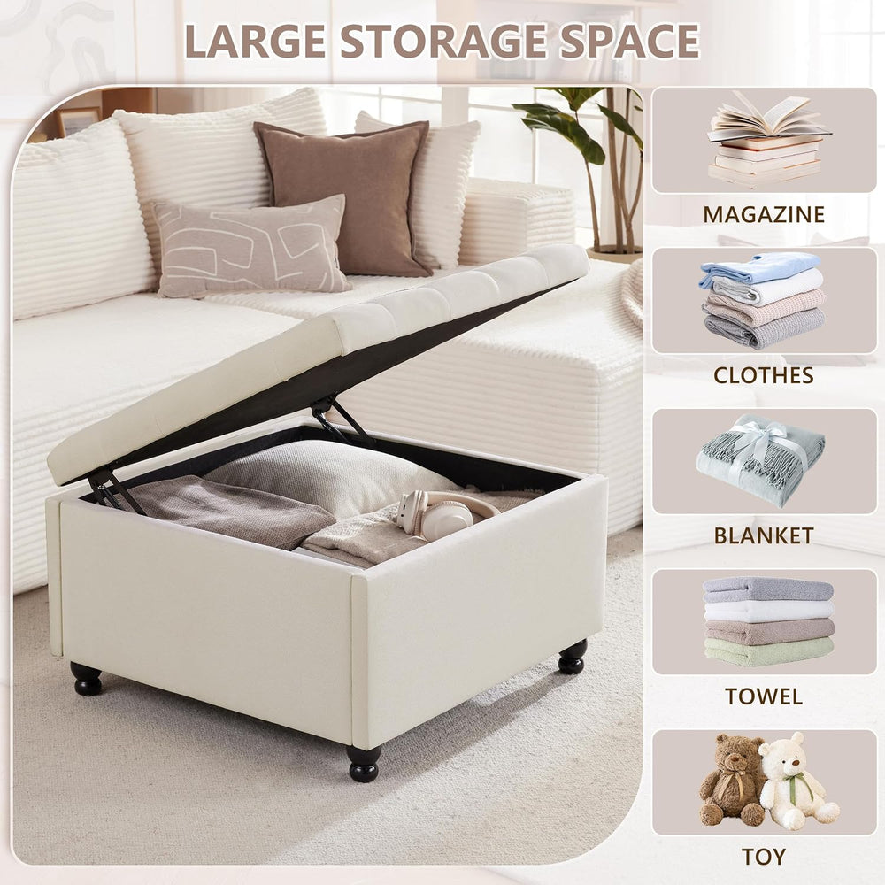 28" Large Square Ottoman with Storage, Fabric Ottoman Coffee Table, Beige